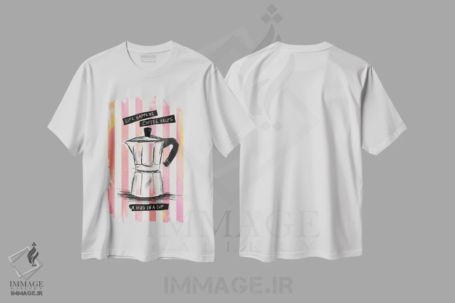تیشرت سفید طرح دار قهوه موکا روی خطوط، تزئینی اثر باروو بلوم | فروشگاه ایماژ