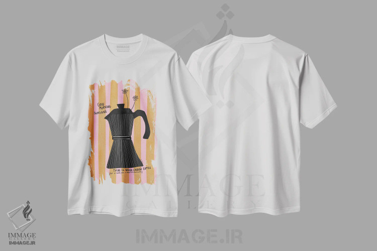 تیشرت سفید طرح دار آفتاب قهوه موکا، تزئینی اثر باروو بلوم | immage.ir