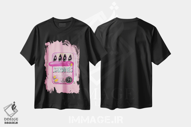 تیشرت مشکی طرح دار قوطی کنسرو ساردین صورتی، تزئینی اثر باروو بلوم | immage.ir