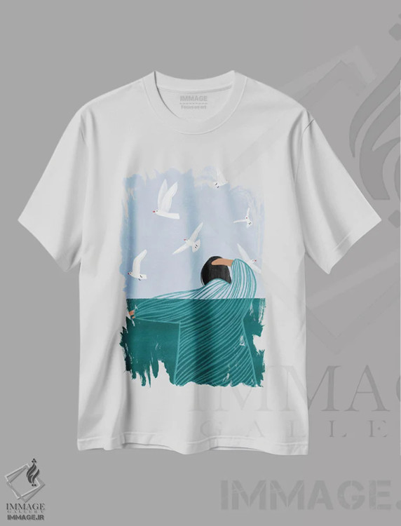 تیشرت سفید طرح دار کنار دریا، تزئینی اثر بیا مولر | فروشگاه ایماژ