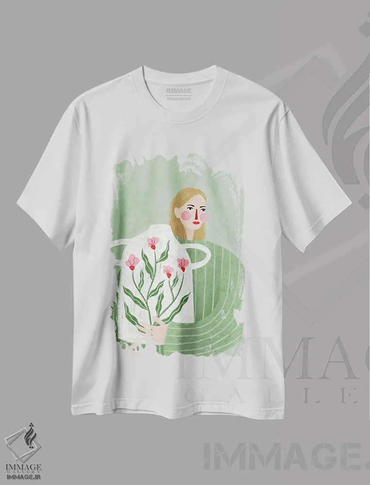 تیشرت سفید طرح دار زن با گلدان، تزئینی اثر بیا مولر | فروشگاه ایماژ