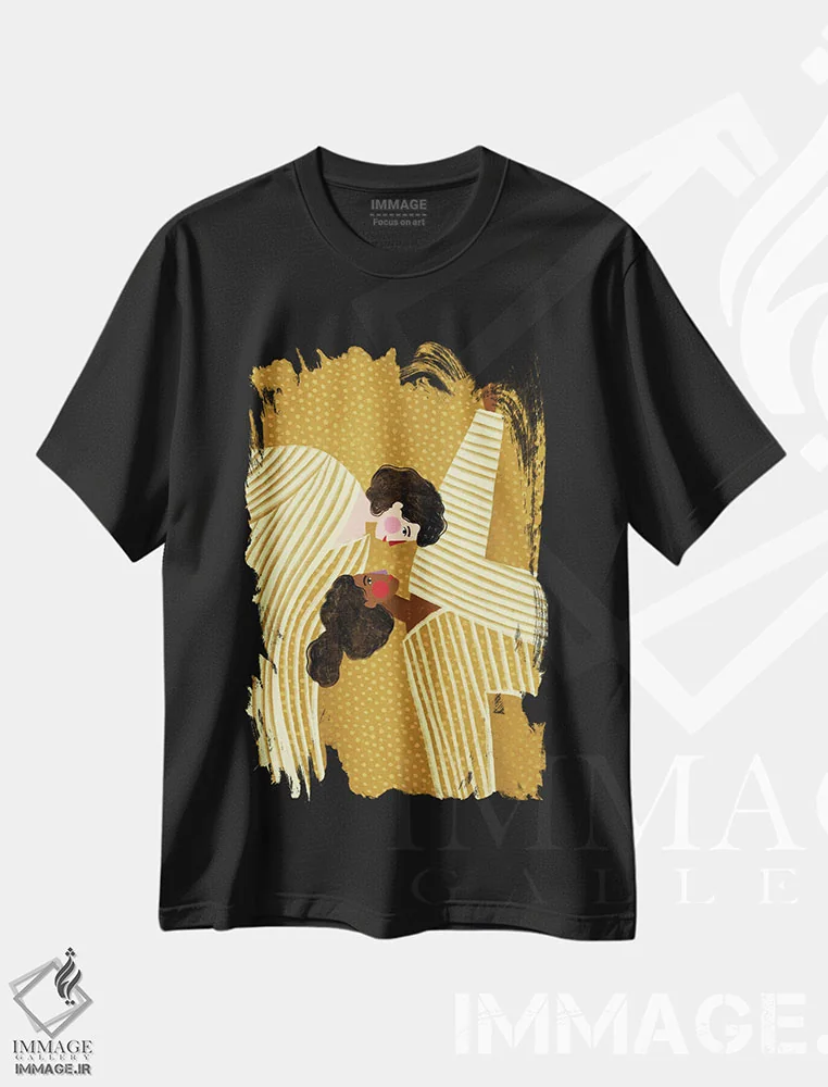 تیشرت مشکی طرح دار دو زن خطی، تزئینی اثر بیا مولر | فروشگاه ایماژ