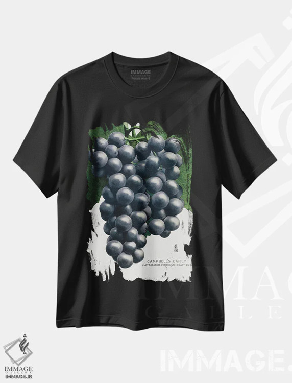 تیشرت مشکی طرح دار چاپ لیتوگرافی انگور اولیه کمپبل، تزئینی اثر نمونه گیاهی راچستر | immage.ir