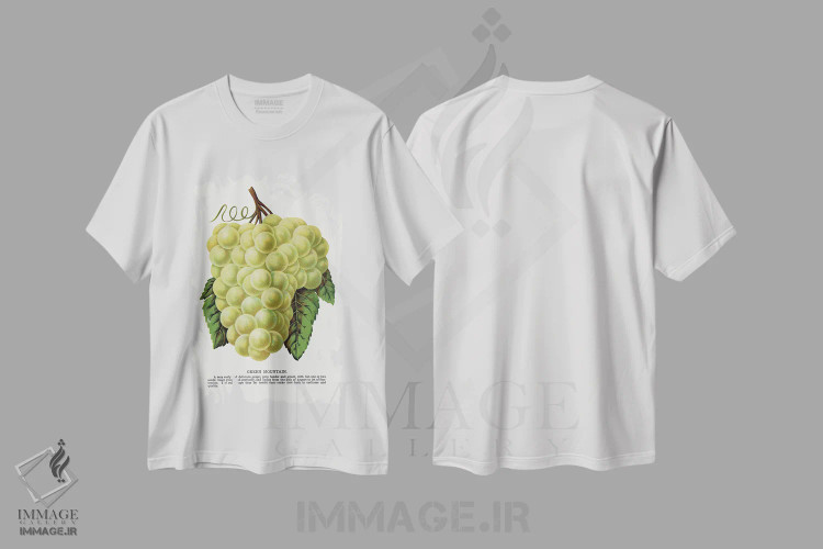 تیشرت سفید طرح دار چاپ لیتوگرافی انگور کوه سبز، تزئینی اثر نمونه گیاهی راچستر | immage.ir