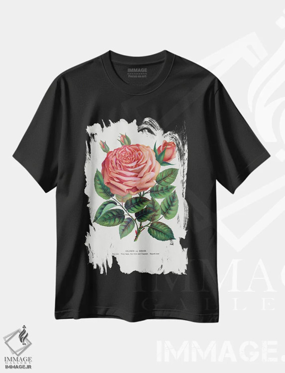 تیشرت مشکی طرح دار چاپ لیتوگرافی گل سرخ صورتی گلوریا دی دیژون، تزئینی اثر نمونه گیاهی راچستر | فروشگاه ایماژ