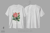 تیشرت سفید طرح دار چاپ لیتوگرافی گل سرخ صورتی گلوریا دی دیژون، تزئینی اثر نمونه گیاهی راچستر | immage.ir