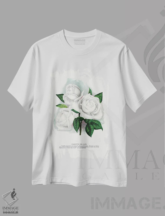 تیشرت سفید طرح دار چاپ لیتوگرافی گل سرخ سفید کوکت د آلپ، تزئینی اثر نمونه گیاهی راچستر | فروشگاه ایماژ