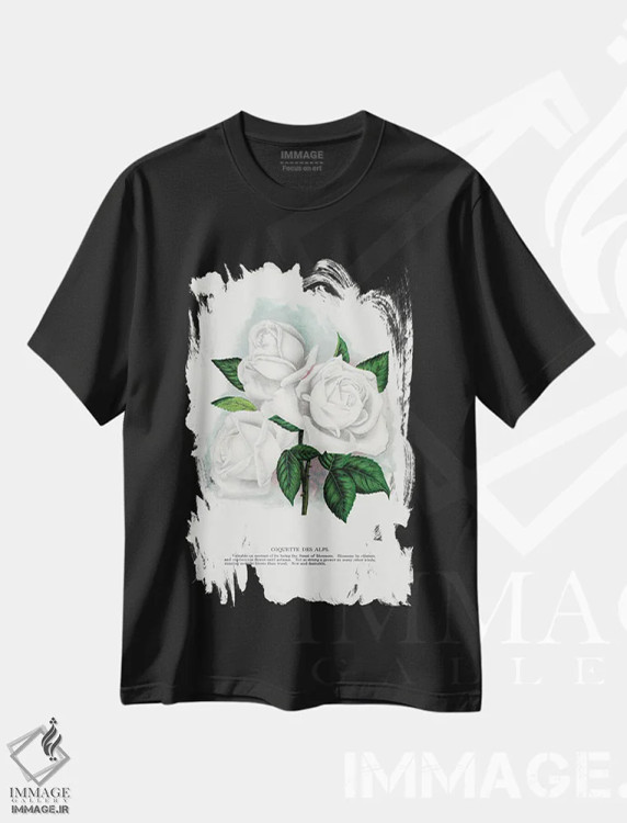 تیشرت مشکی طرح دار چاپ لیتوگرافی گل سرخ سفید کوکت د آلپ، تزئینی اثر نمونه گیاهی راچستر | immage.ir