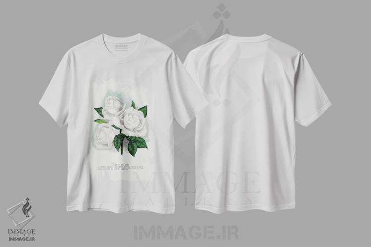 تیشرت سفید طرح دار چاپ لیتوگرافی گل سرخ سفید کوکت د آلپ، تزئینی اثر نمونه گیاهی راچستر | فروشگاه ایماژ