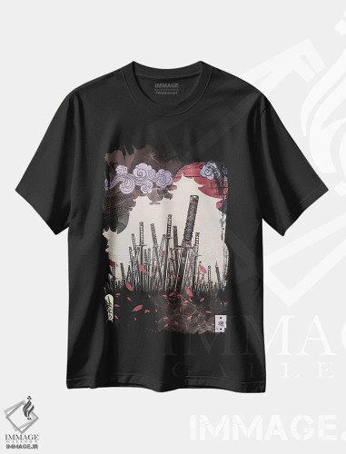 تیشرت مشکی طرح دار تیغه های افتخار، دکوراسیون جایگزین اثر فادیل روزه | فروشگاه ایماژ