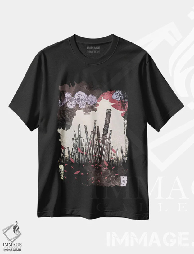 تیشرت مشکی طرح دار تیغه های افتخار، دکوراسیون جایگزین اثر فادیل روزه | فروشگاه ایماژ
