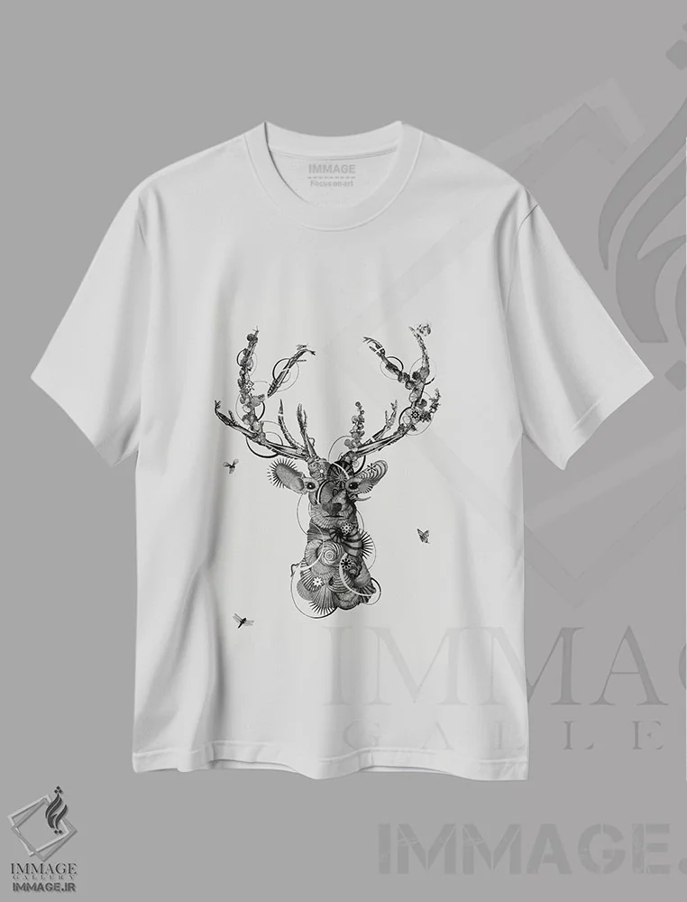 تیشرت سفید طرح دار سر آهو، دکوراسیون جایگزین اثر جکو پوتکر | فروشگاه ایماژ