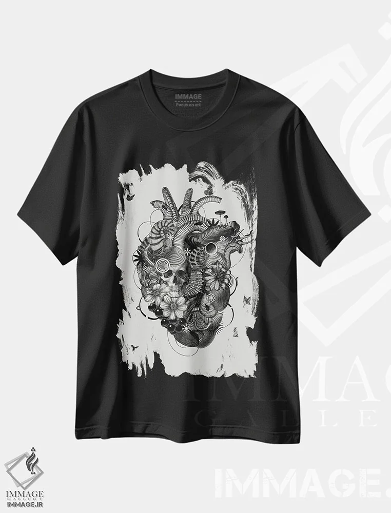 تیشرت مشکی طرح دار قلب، دکوراسیون جایگزین اثر جکو پوتکر | فروشگاه ایماژ