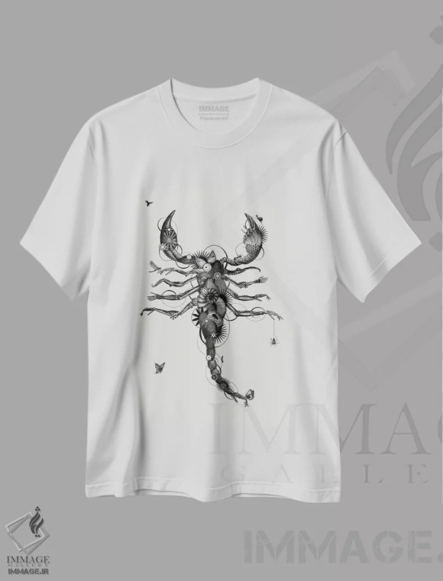 تیشرت سفید طرح دار عقرب، دکوراسیون جایگزین اثر جکو پوتکر | فروشگاه ایماژ