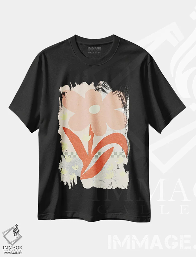 تیشرت مشکی طرح دار ترکیب گل ها ۱، دکور بوهمی اثر ان کِی تی ان | فروشگاه ایماژ