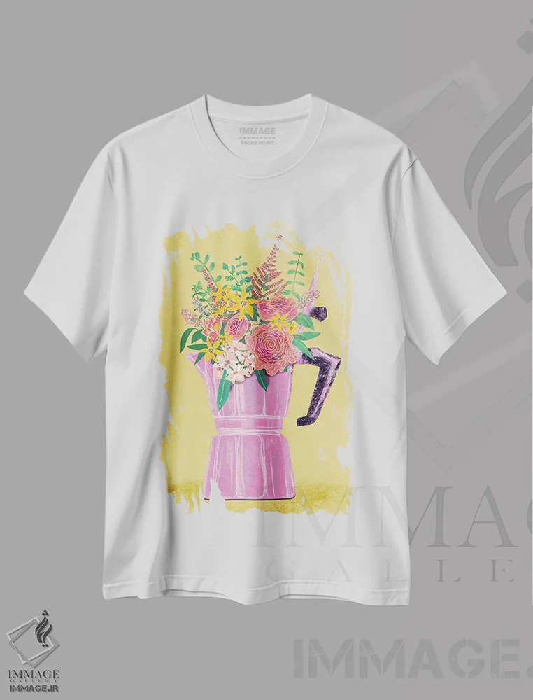 تیشرت سفید طرح دار دستگاه اسپرسو با گل ها، دکور معاصر اثر رایسا اولتمانز | immage.ir