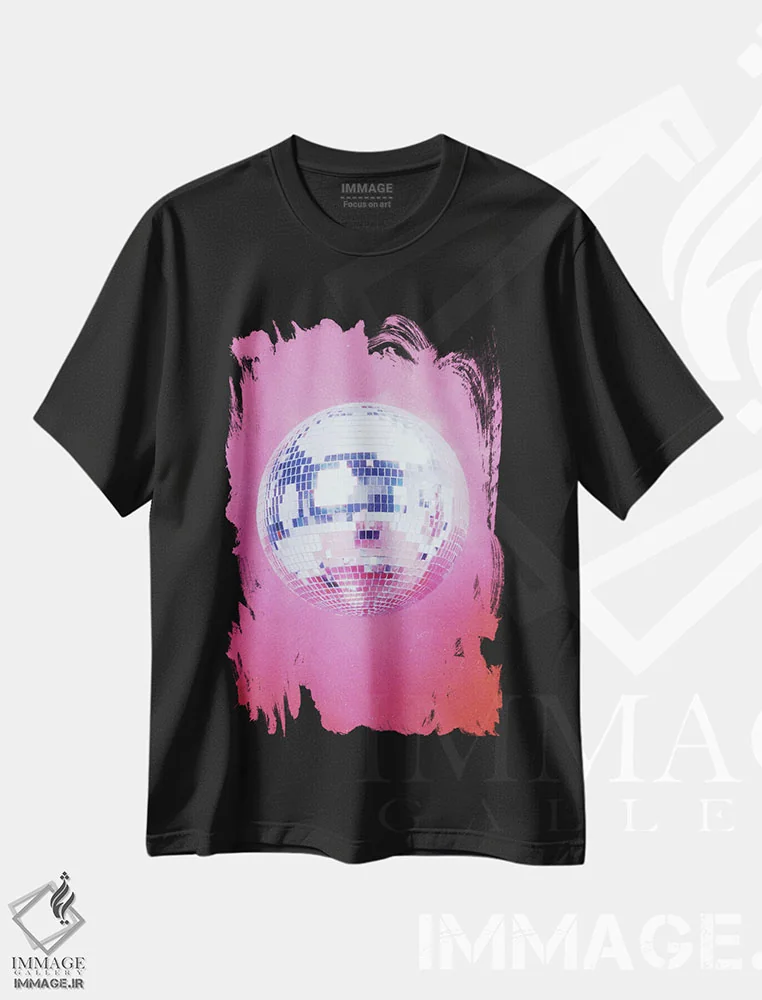 تیشرت مشکی طرح دار توپ دیسکو صورتی، مدیوم اثر سامانتا هیرن | فروشگاه ایماژ