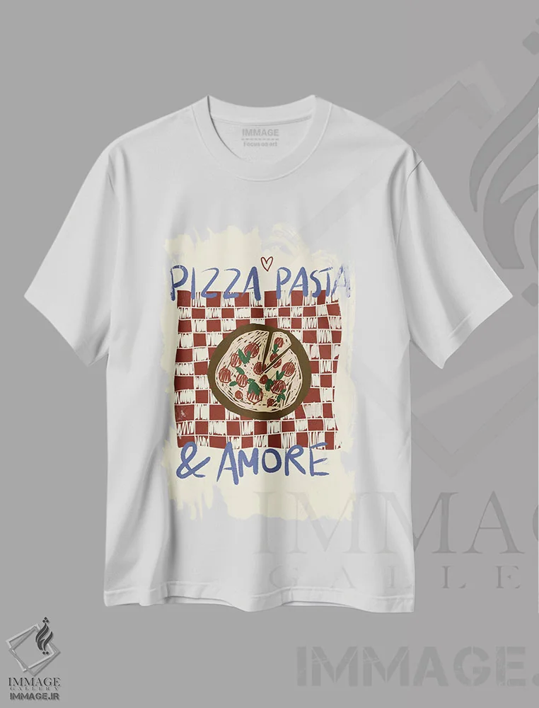 تیشرت سفید طرح دار پیتزا پاستا آ مور، تزئینی اثر استودیو دولچی | فروشگاه ایماژ