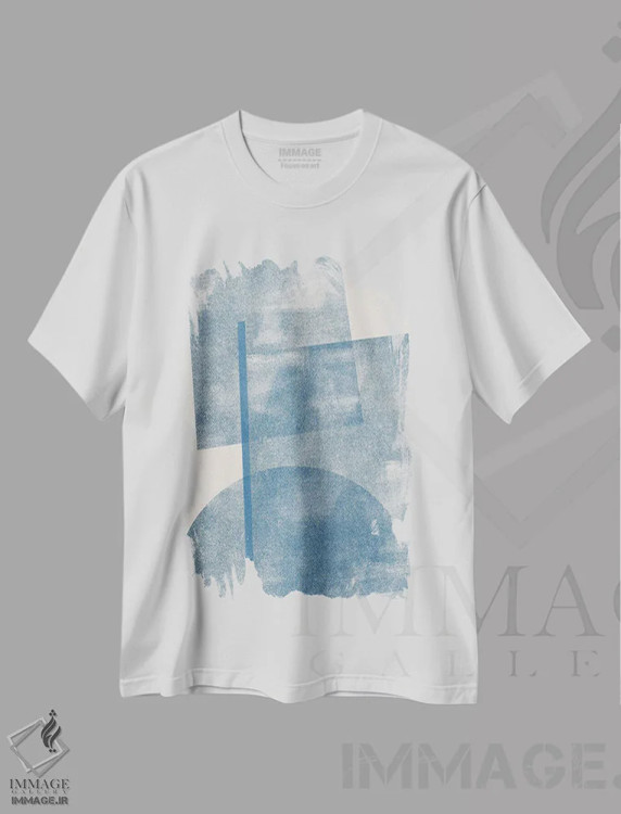 تیشرت سفید طرح دار کلاژ کاغذی آبی II، آبستره اثر استودیو می یوس | فروشگاه ایماژ