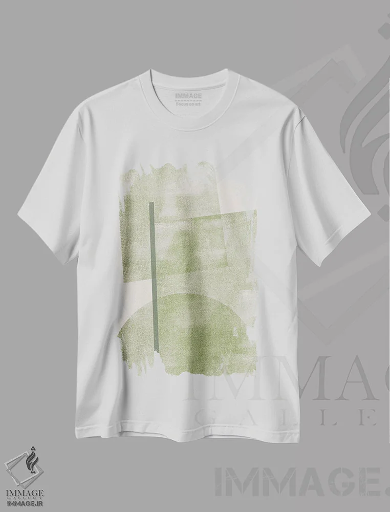 تیشرت سفید طرح دار کلاژ کاغذی سبز I، آبستره اثر استودیو می یوس | immage.ir