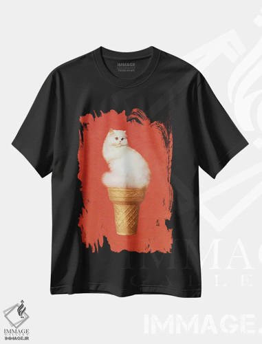 تیشرت مشکی طرح دار بستنی گربه قرمز، عکاسی ترکیبی اثر ورتیگو آرتوگرافی | فروشگاه ایماژ