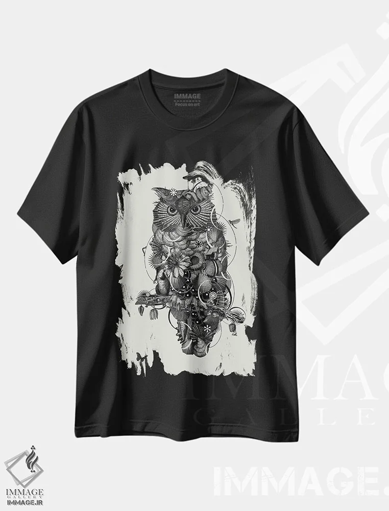 تیشرت مشکی طرح دار جغد ۲، دکوراسیون جایگزین اثر جکو پوتکر | فروشگاه ایماژ