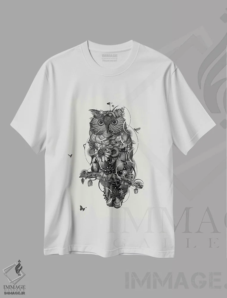 تیشرت سفید طرح دار جغد ۲، دکوراسیون جایگزین اثر جکو پوتکر | immage.ir