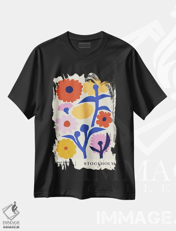 تیشرت مشکی طرح دار بازار گل استکهلم ۲، دکور بوهمی اثر ان کِی تی ان | فروشگاه ایماژ