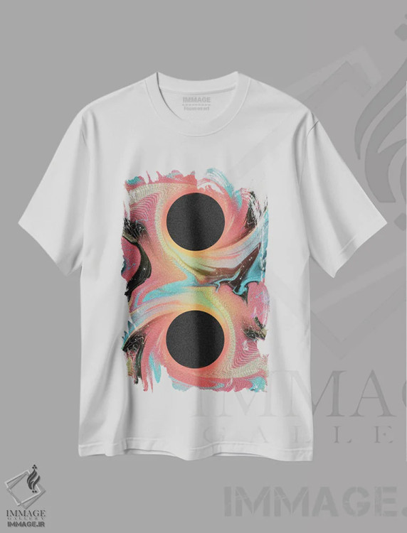تیشرت سفید طرح دار سیاه چاله سایکدلیک، آبستره اثر امی لوییز بیکر | immage.ir