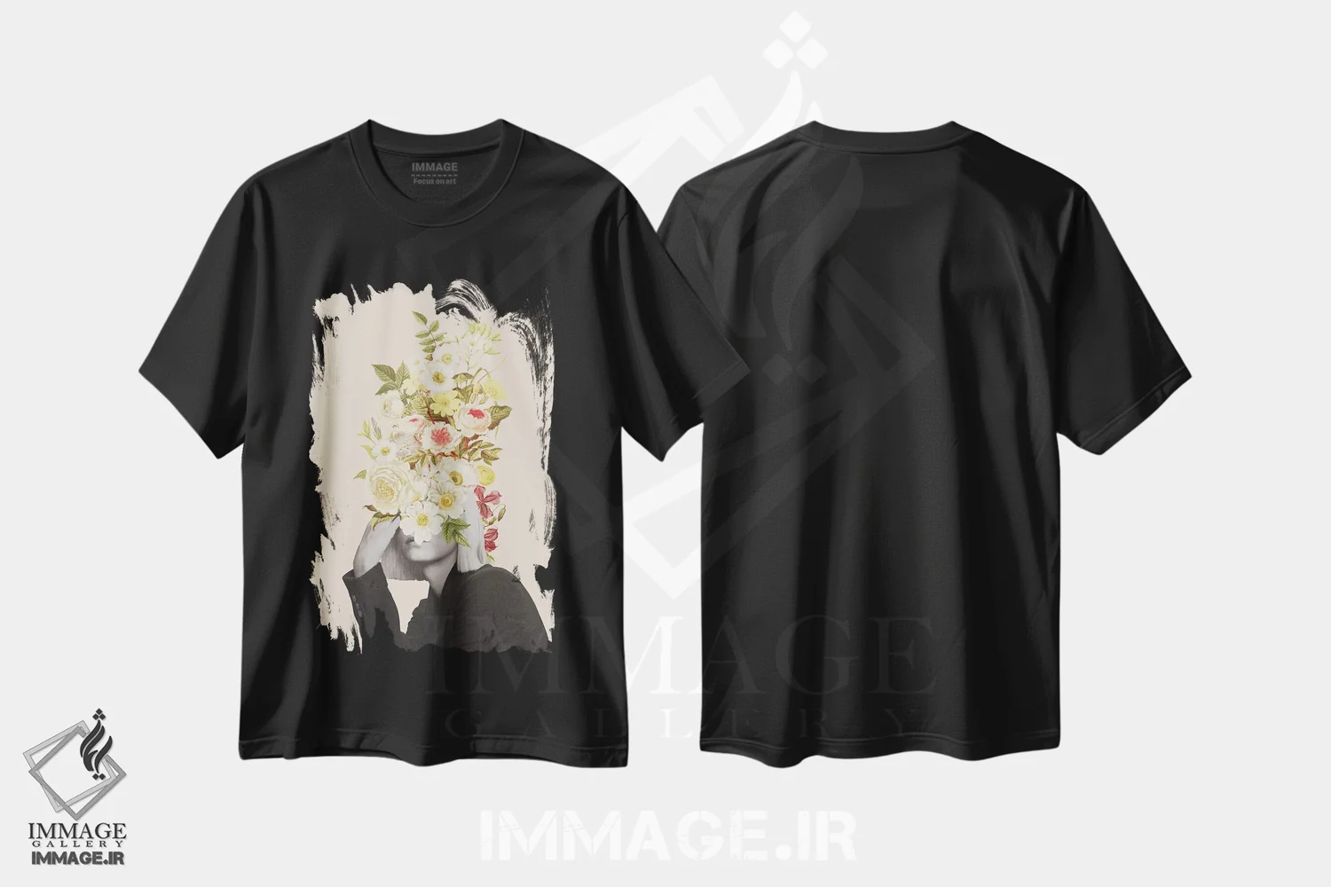 تیشرت مشکی طرح دار دسته گل گل های سفید، تزئینی اثر فریدا فلورال استودیو | فروشگاه ایماژ