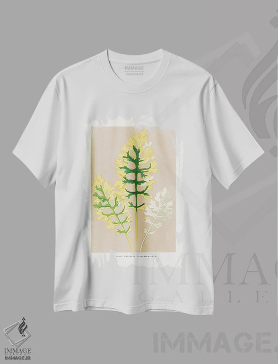 تیشرت سفید طرح دار تصویر برگ سیناریا ماریتما فربرنیانوم، تزئینی اثر لس پلانتس اَ | فروشگاه ایماژ