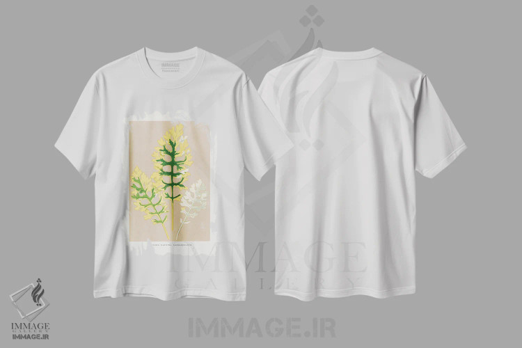 تیشرت سفید طرح دار تصویر برگ سیناریا ماریتما فربرنیانوم، تزئینی اثر لس پلانتس اَ | فروشگاه ایماژ