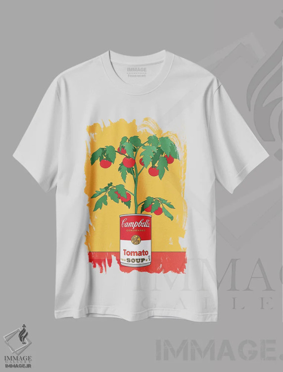 تیشرت سفید طرح دار تصویرسازی رترو گیاه گوجه فرنگی سوپ کمپبل، هنر فاخر معاصر اثر رتردروم | فروشگاه ایماژ