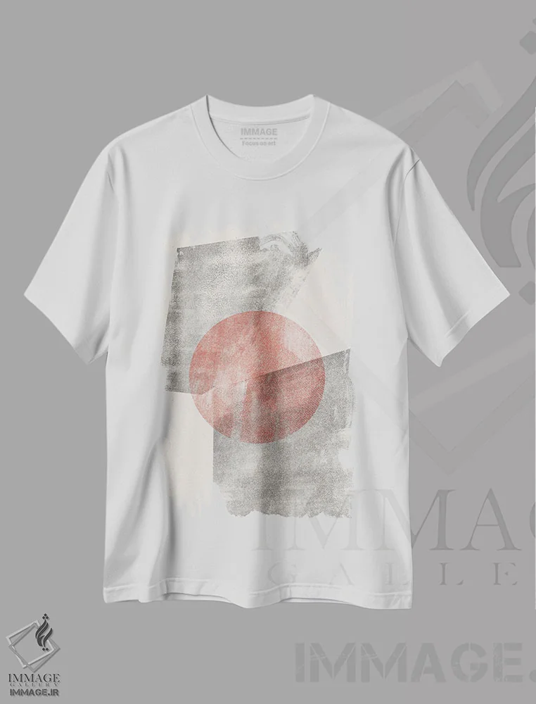 تیشرت سفید طرح دار شیء هندسی مدرن قرمز، آبستره اثر استودیو می یوس | immage.ir