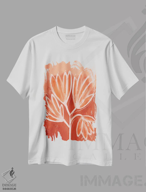 تیشرت سفید طرح دار گل های هلوئی، تزئینی اثر تری چایلد | فروشگاه ایماژ