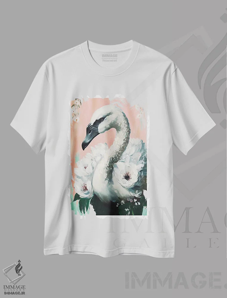 تیشرت سفید طرح دار قو، تزئینی اثر تری چایلد | فروشگاه ایماژ
