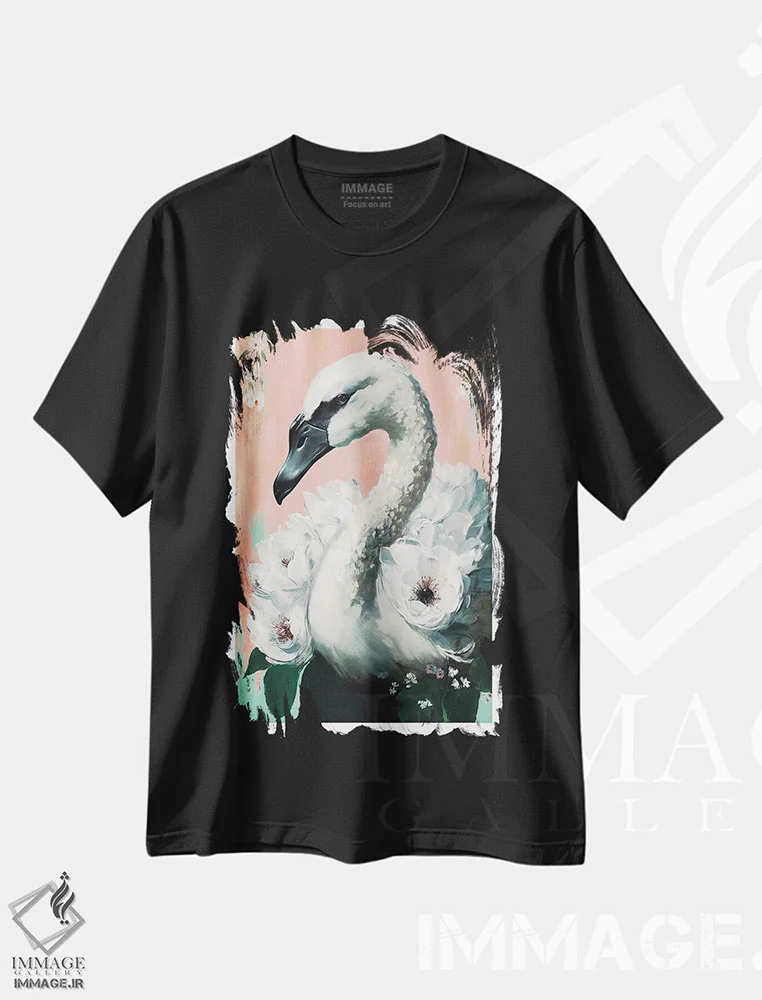 تیشرت مشکی طرح دار قو، تزئینی اثر تری چایلد | immage.ir