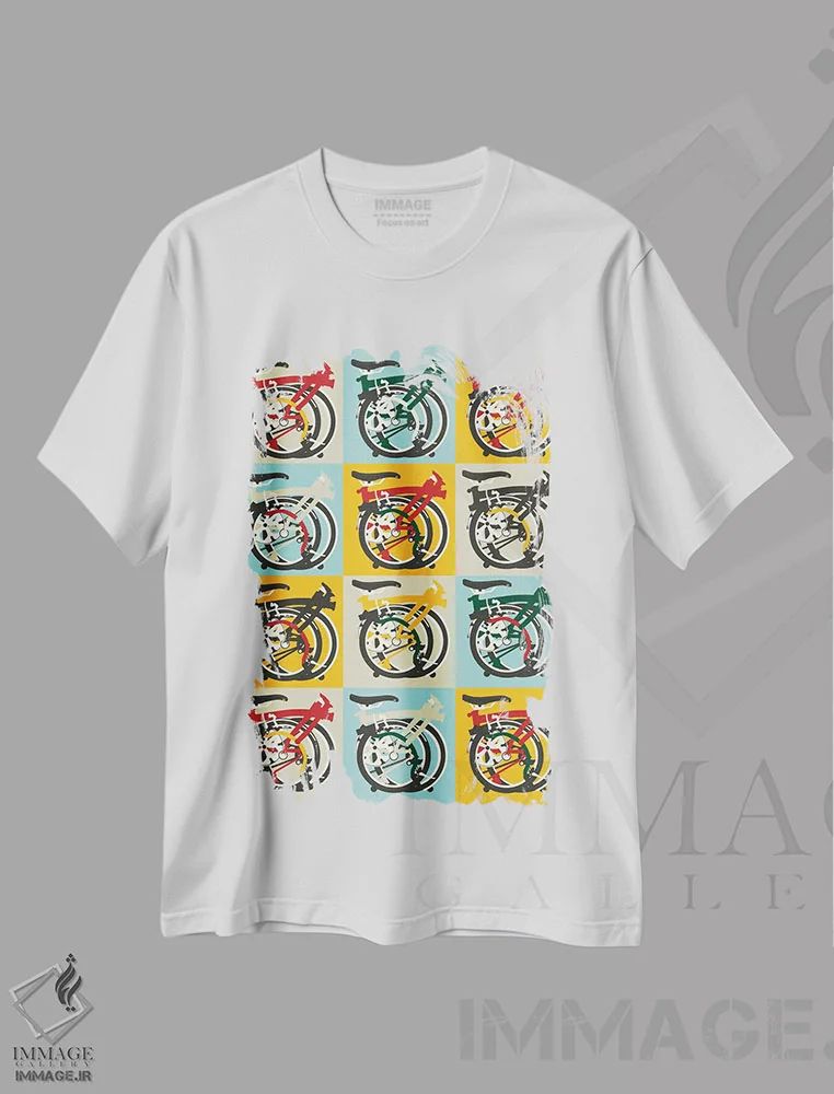 تیشرت سفید طرح دار دوچرخه تاشو برامپتون، تزئینی اثر وایات ۹ | immage.ir
