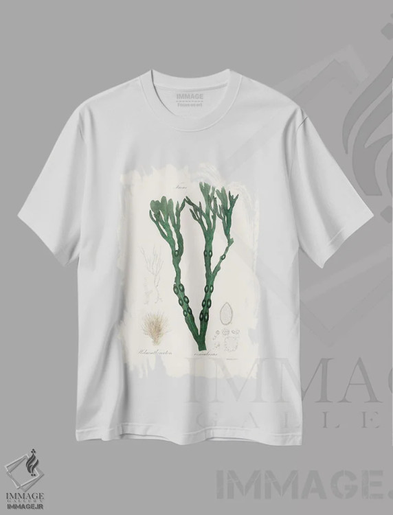تیشرت سفید طرح دار جلبک مثانه ای، گیاه شناسی پزشکی، تزئینی اثر جان استیونسون | فروشگاه ایماژ