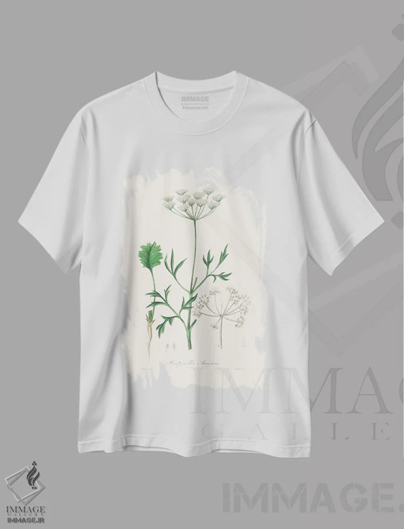 تیشرت سفید طرح دار بادیان رومی، گیاه شناسی پزشکی، تزئینی اثر جان استیونسون | immage.ir