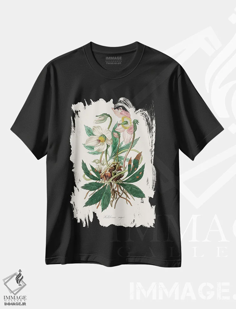 تیشرت مشکی طرح دار گل کریسمس، گیاه شناسی پزشکی، تزئینی اثر جان استیونسون | فروشگاه ایماژ
