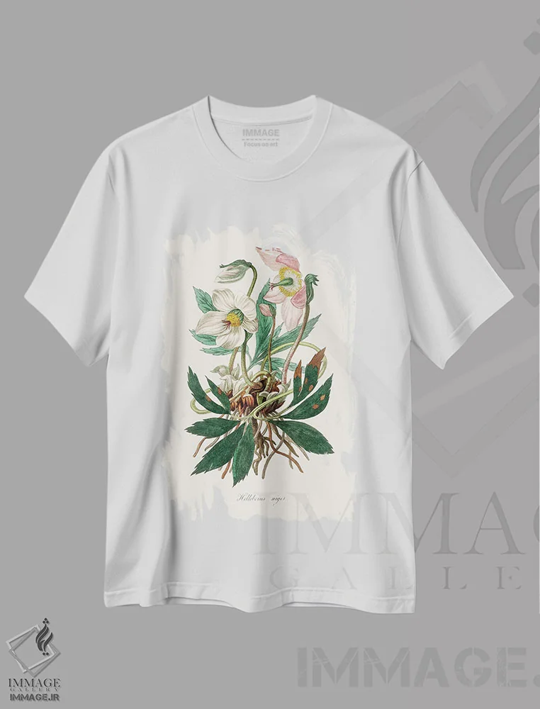 تیشرت سفید طرح دار گل کریسمس، گیاه شناسی پزشکی، تزئینی اثر جان استیونسون | immage.ir
