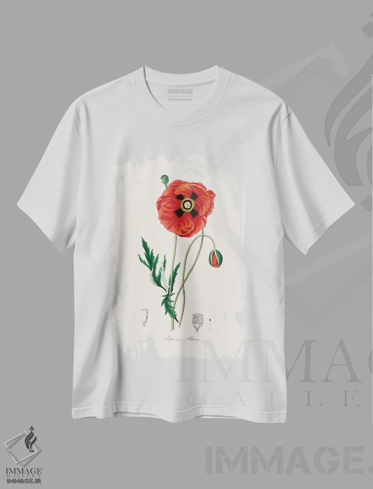 تیشرت سفید طرح دار شقایق معمولی، گیاه شناسی پزشکی، تزئینی اثر جان استیونسون | immage.ir