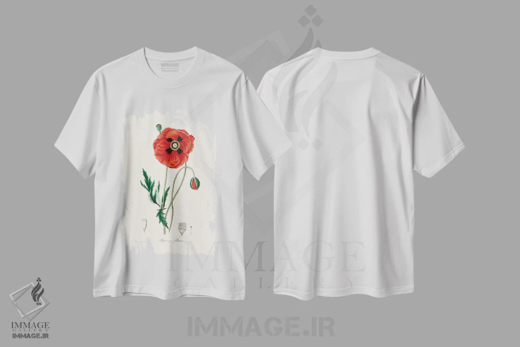 تیشرت سفید طرح دار شقایق معمولی، گیاه شناسی پزشکی، تزئینی اثر جان استیونسون | immage.ir