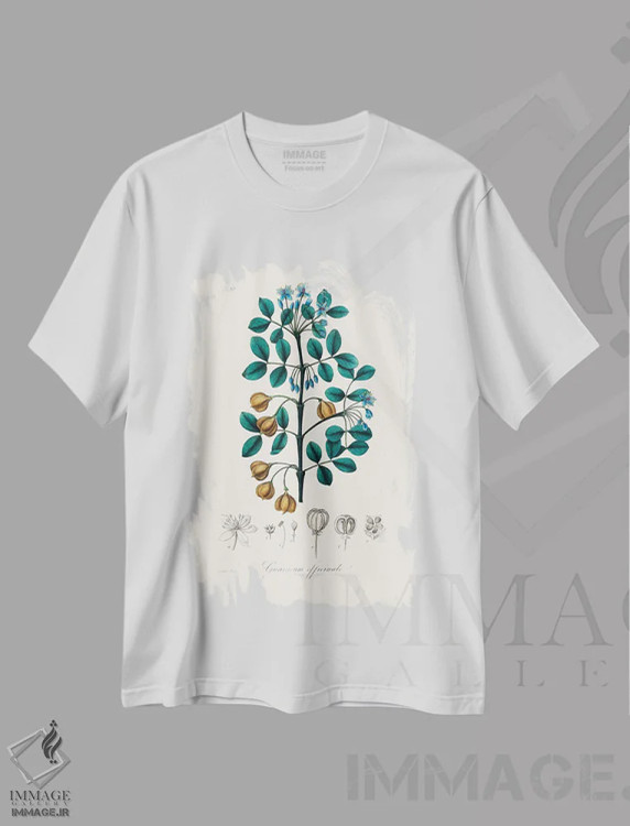 تیشرت سفید طرح دار چوب گوایاک، گیاه شناسی پزشکی، تزئینی اثر جان استیونسون | immage.ir