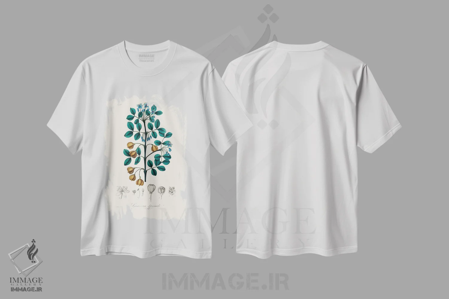 تیشرت سفید طرح دار چوب گوایاک، گیاه شناسی پزشکی، تزئینی اثر جان استیونسون | immage.ir