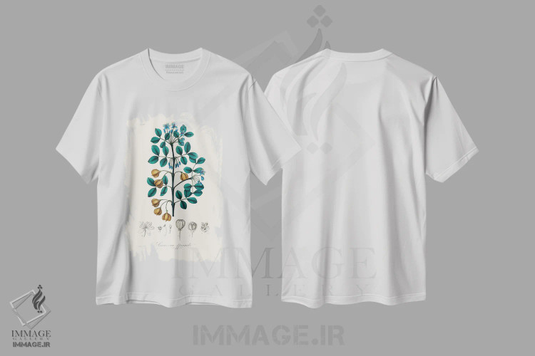 تیشرت سفید طرح دار چوب گوایاک، گیاه شناسی پزشکی، تزئینی اثر جان استیونسون | immage.ir