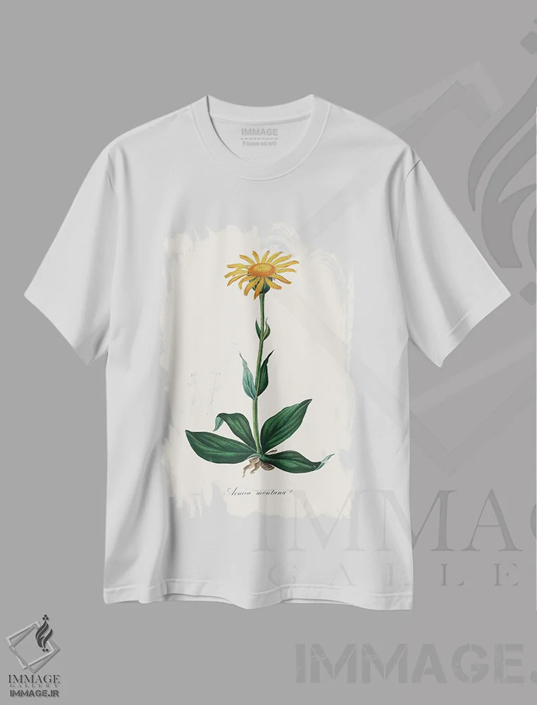 تیشرت سفید طرح دار آرنیکای کوهستانی، گیاه شناسی پزشکی، تزئینی اثر جان استیونسون | immage.ir