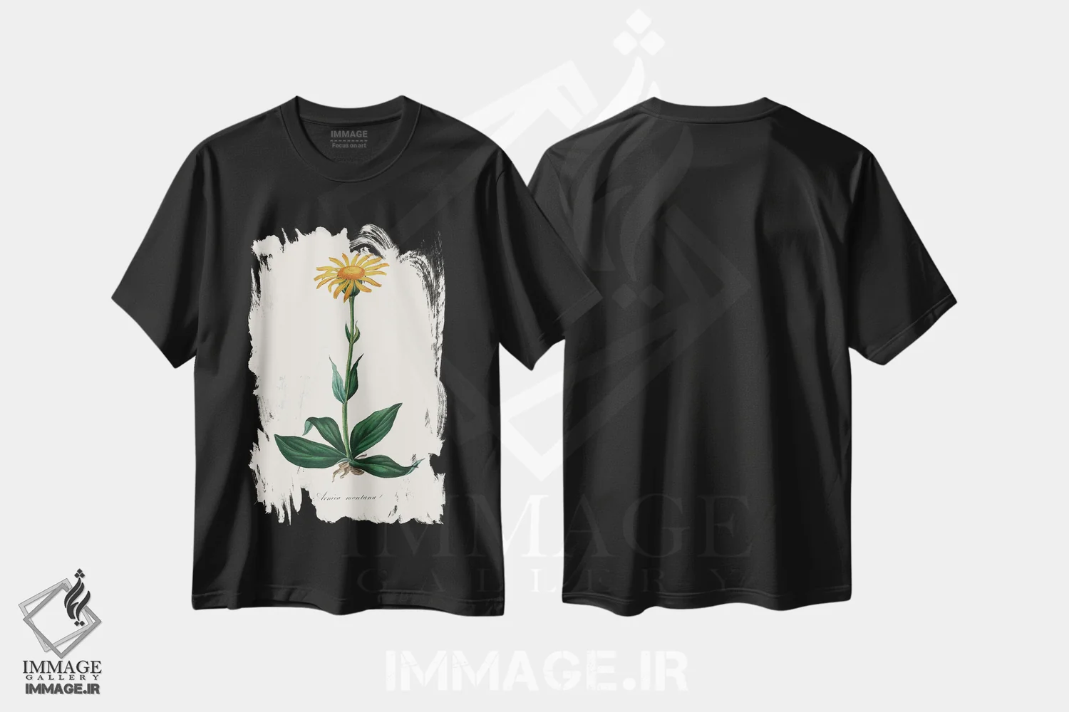 تیشرت مشکی طرح دار آرنیکای کوهستانی، گیاه شناسی پزشکی، تزئینی اثر جان استیونسون | فروشگاه ایماژ