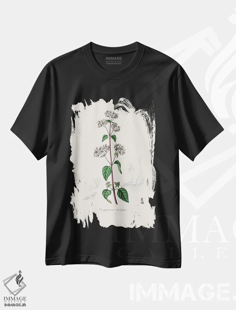 تیشرت مشکی طرح دار پونه کوهی، گیاه شناسی پزشکی، تزئینی اثر جان استیونسون | فروشگاه ایماژ